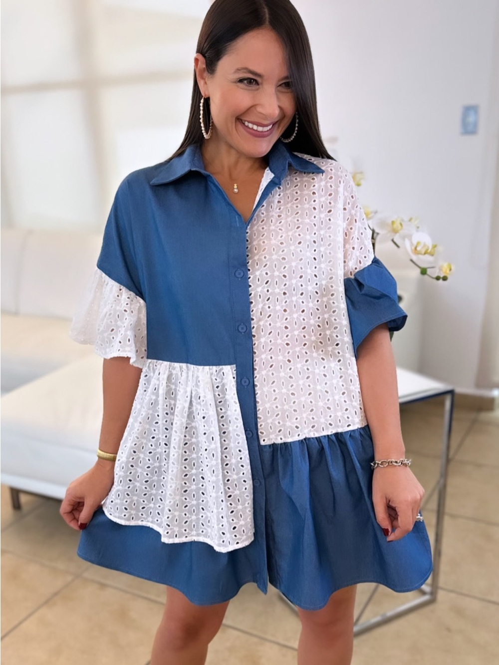 Dress Day Blue & White Patchwork and Eyelet Summer Dress - Size L